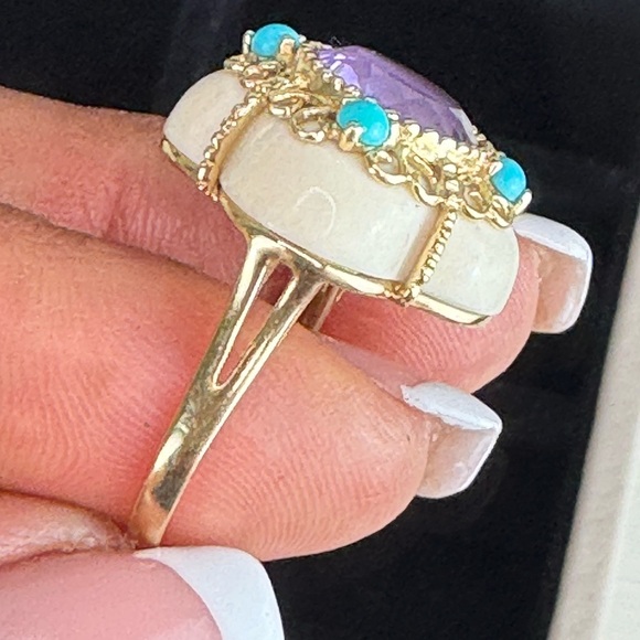 14K Yellow Gold Bezel Amethyst Turquoise and Quatrefoil White Agate Ring S 6.5 - Picture 11 of 16
